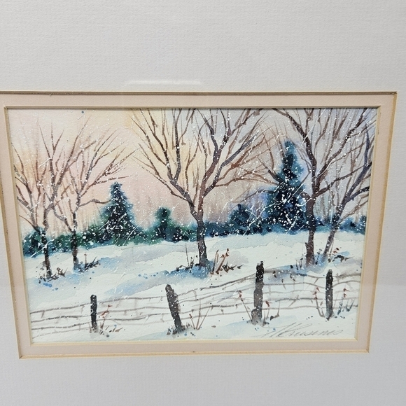 Watercolor Painting Winter Country Scene With Fence & Snow Artist Signed 12 x 10 - Picture 2 of 7